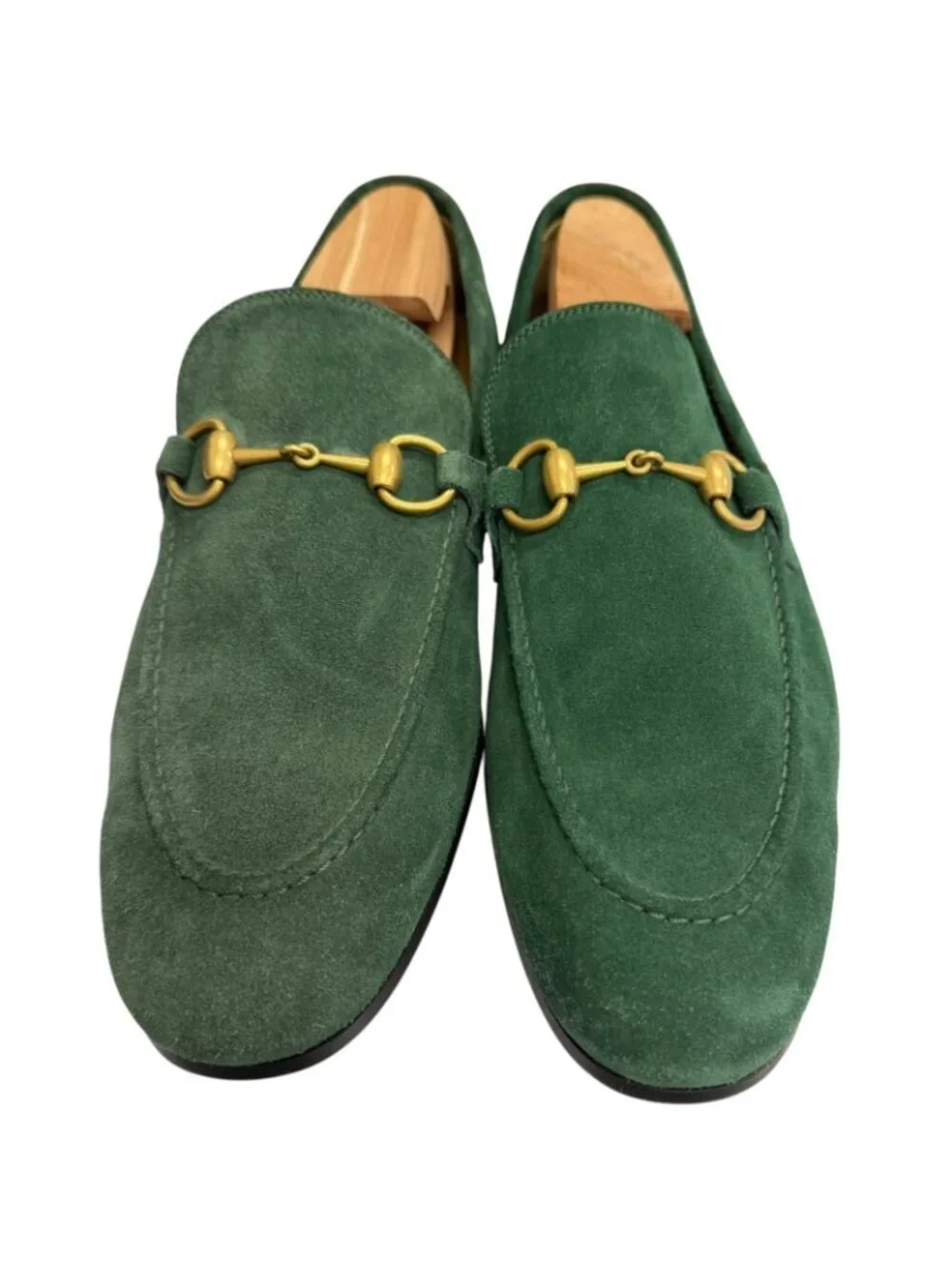 Gucci Suede Leather Horsebit Moccasins Loafers Green Gold